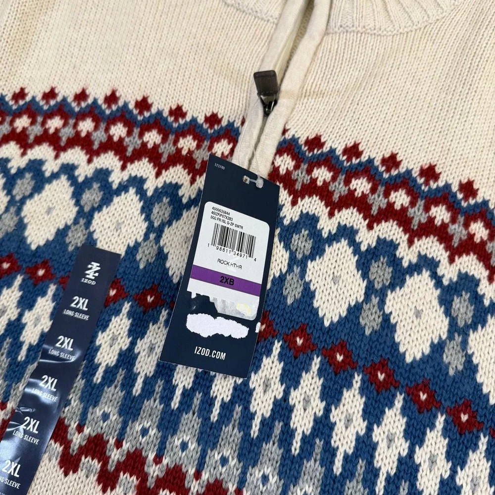 IZOD Fair Isle Quarter Zip Sweater Mens 2XB Big Cream Knit Holiday NWT